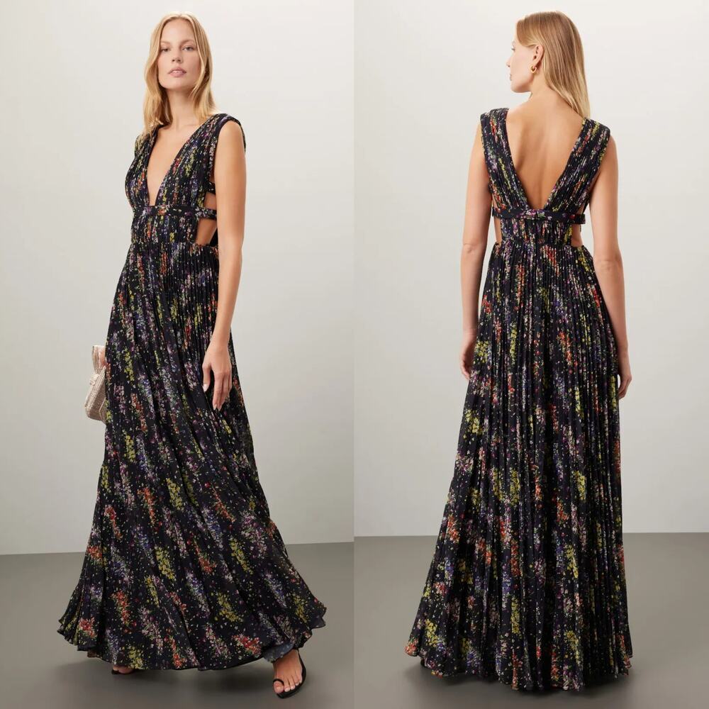 AMUR Valentino Gown Floral Confetti Sleeveless Deep V-Neck Maxi Dress Black 2